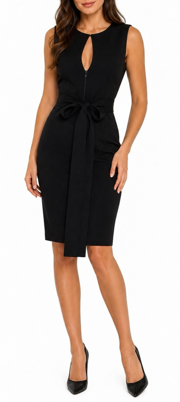 L'Agence Black Dress Sleeveless Sheath Wrap Tie Waist Midi V Neck Keyhole S 6